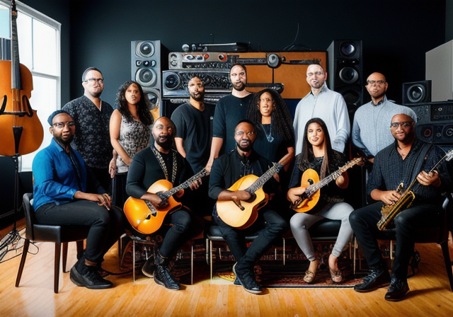 Diverse team of musicians collaborating on a music project