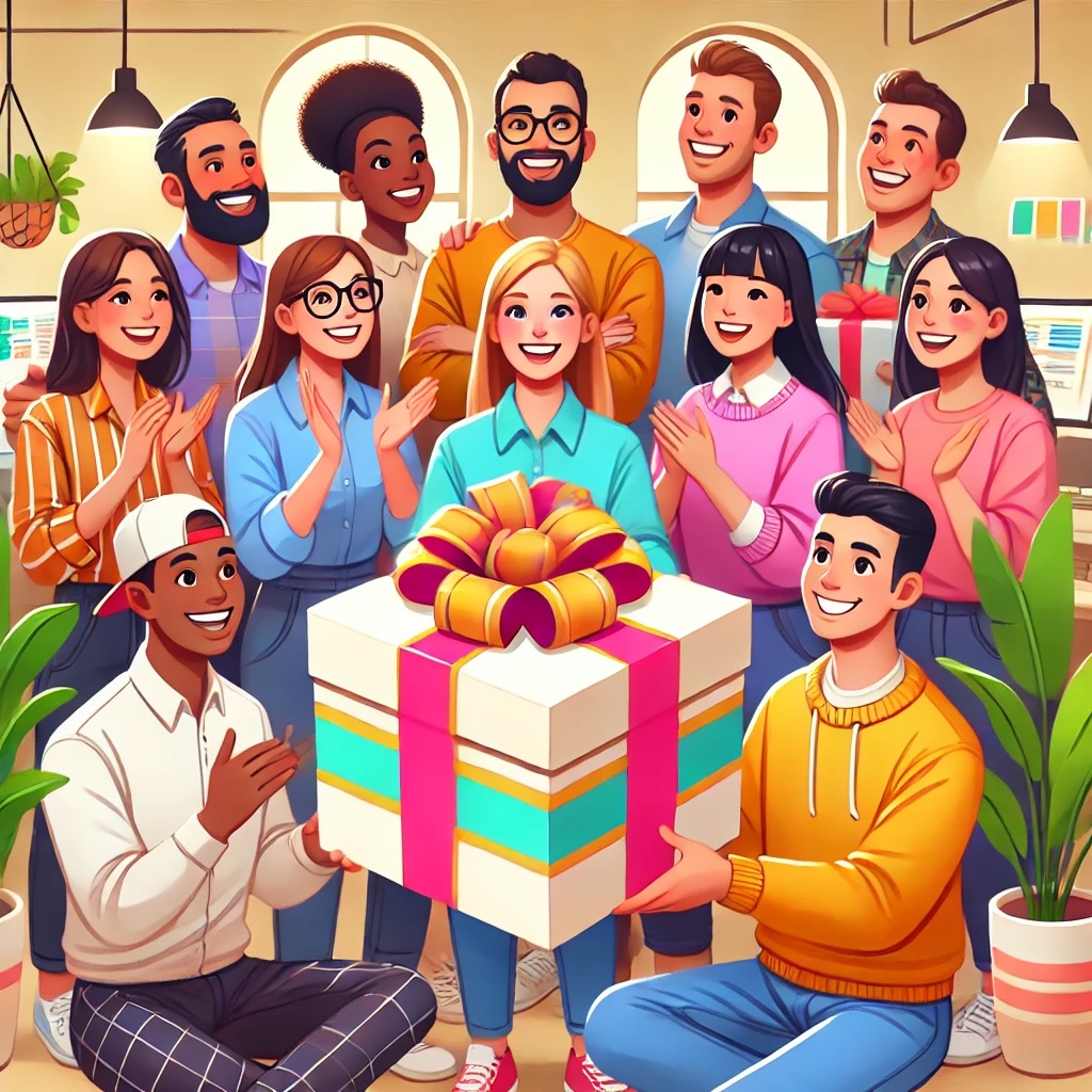 A colorful sketch portrays a diverse group of developers gathered together, each person reflecting different backgrounds and cultures. They stand side by side, their faces alight with genuine smiles and eyes sparkling with joy. In their hands, they collectively hold out a beautifully wrapped gift box. The gift is adorned with vibrant wrapping paper featuring subtle patterns, and a large, elegant ribbon tied into a perfect bow sits on top. The overall scene exudes warmth and happiness, capturing the spirit of giving and the unity among the developers.